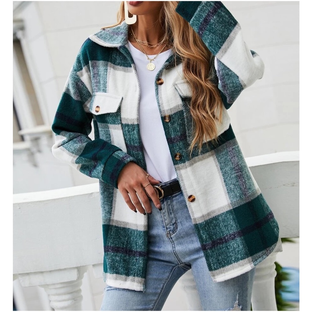 Cozy Plaid Pocket Button Down Oversized Jacket Shacket - Picture 3 of 9